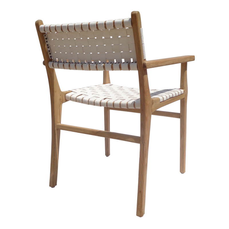 Chaise design en bois et cuir blanc tressé avec accoudoirs - Zoé 