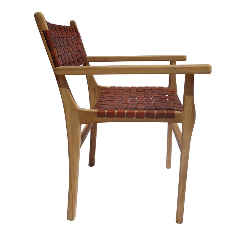 Chaise design en bois et cuir marron tressé avec accoudoirs - Zoé 