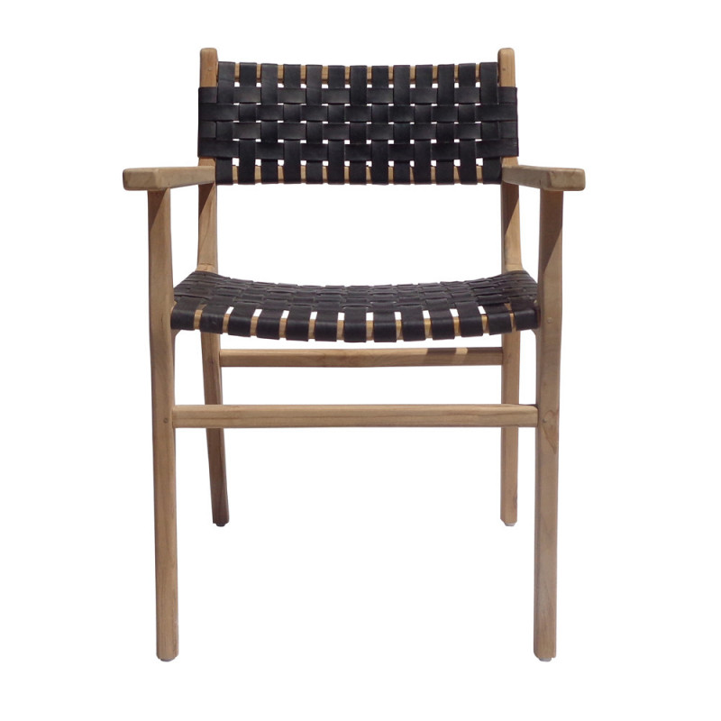 Chaise design en bois et cuir noir tressé avec accoudoirs - Zoé 