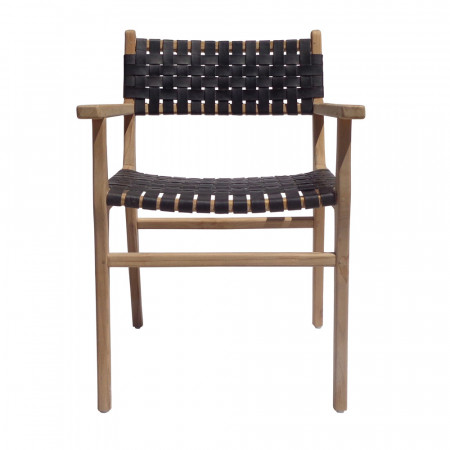 Chaise design en bois et cuir noir tressé avec accoudoirs - Zoé 