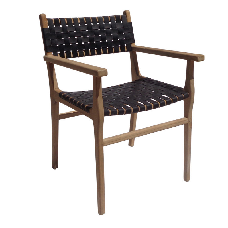 Chaise design en bois et cuir noir tressé avec accoudoirs - Zoé 