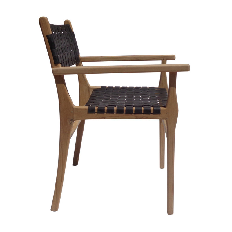 Chaise design en bois et cuir noir tressé avec accoudoirs - Zoé 