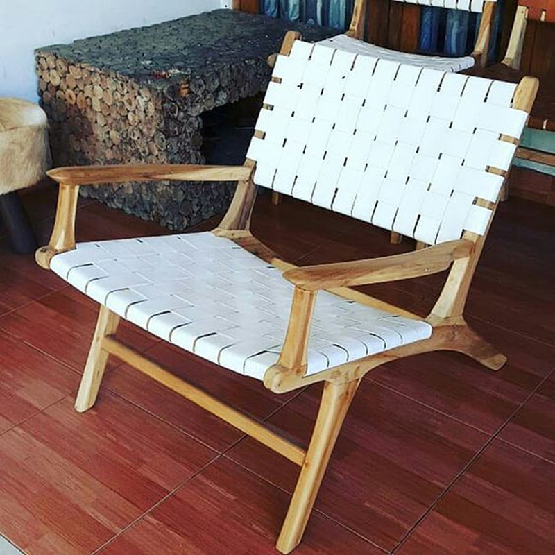 Fauteuil bois et cuir tressé blanc design - Zoé