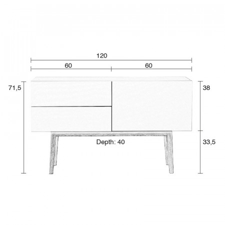 Buffet laqué blanc scandinave 120cm, 1 porte et 2 tiroirs - High 