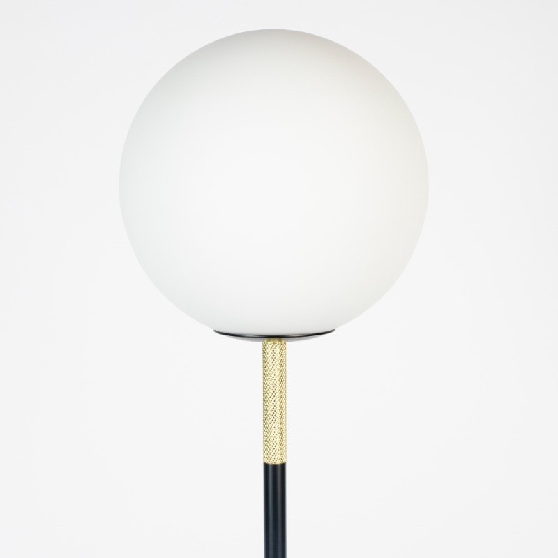 Lampadaire salon design globe blanc en métal noir et doré - Orion 