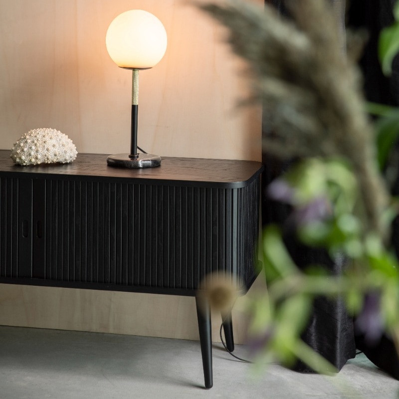 Lampe design à poser globe blanc en métal noir et doré - Orion