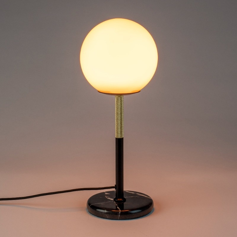 Lampe design à poser globe blanc en métal noir et doré - Orion 