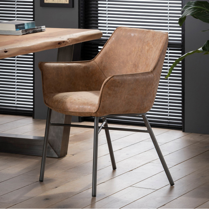 Chaise design style industriel en simili cuir marron avec accoudoirs - Vex