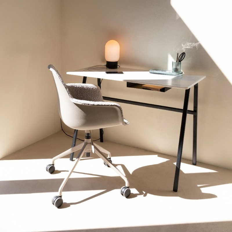 Fauteuil de bureau à roulettes design blanc, bois clair et acier