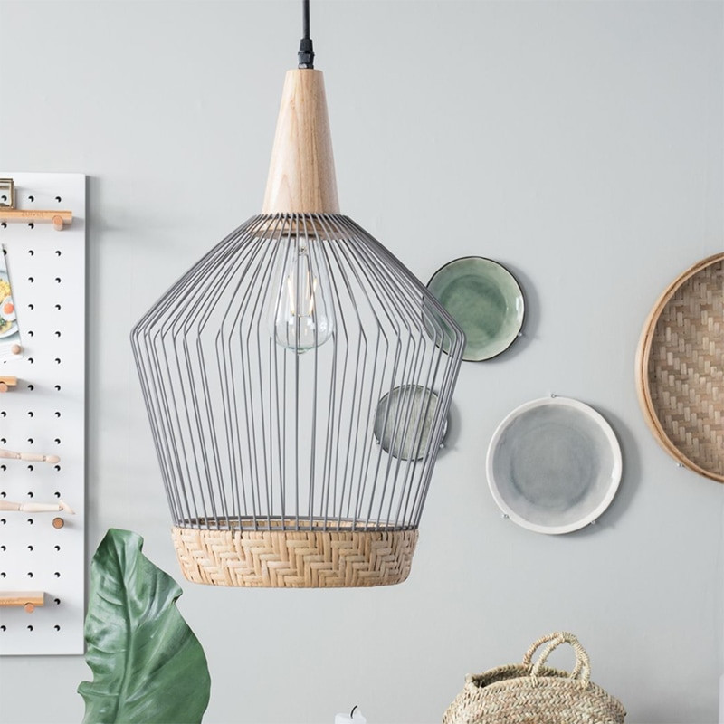 Suspension luminaire cage oiseau rotin et métal - Birdy
