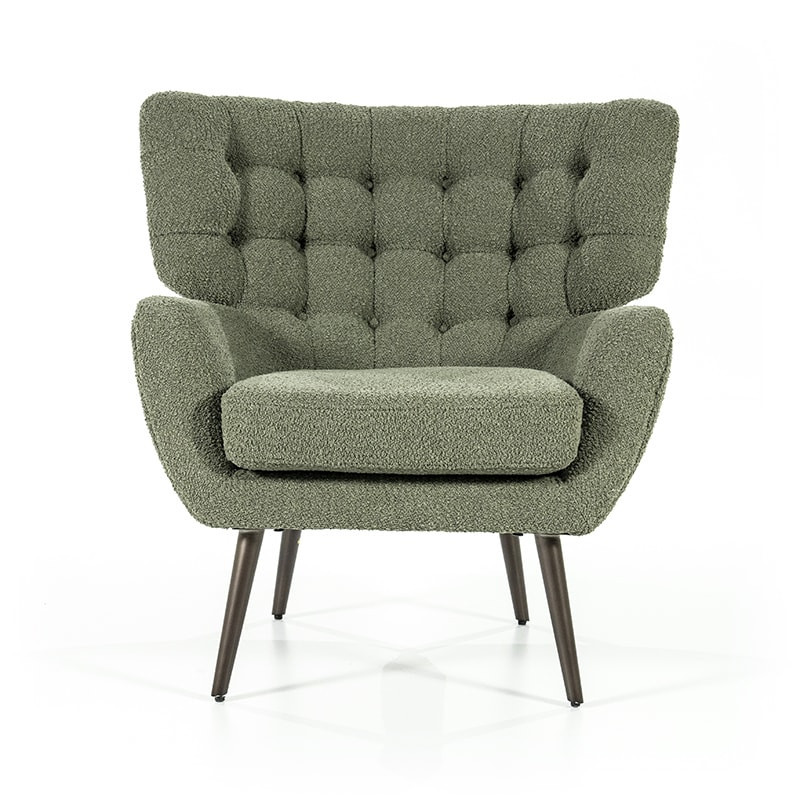 Fauteuil scandinave tissu vert kaki capitonné dossier large - Ester 