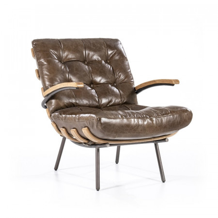 Fauteuil cuir marron vintage structure bois - Bastio 