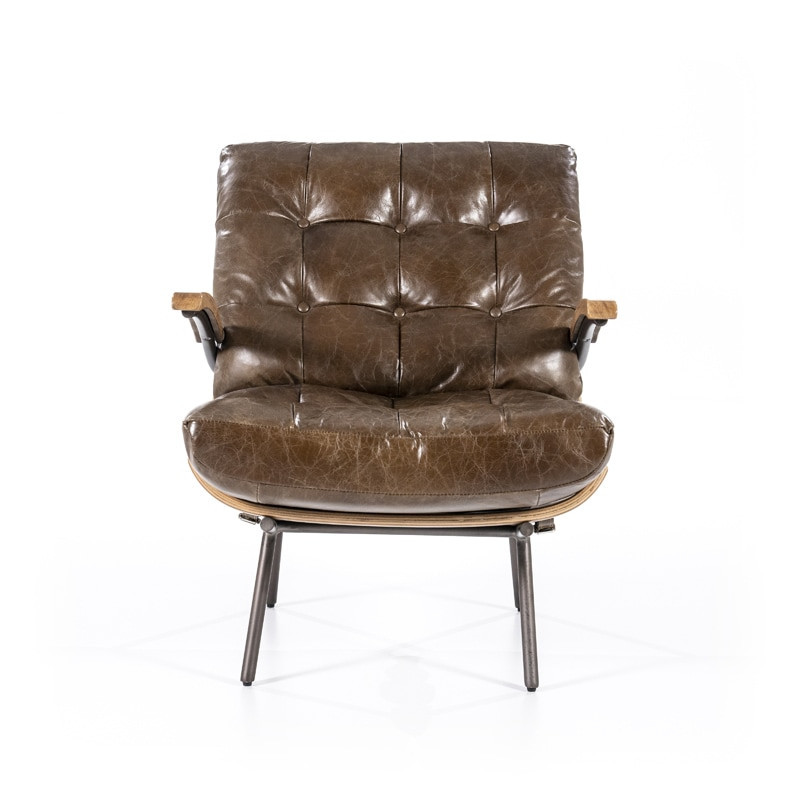 Fauteuil cuir marron vintage structure bois - Bastio 