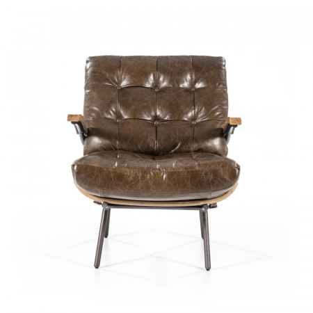 Fauteuil cuir marron vintage structure bois - Bastio 