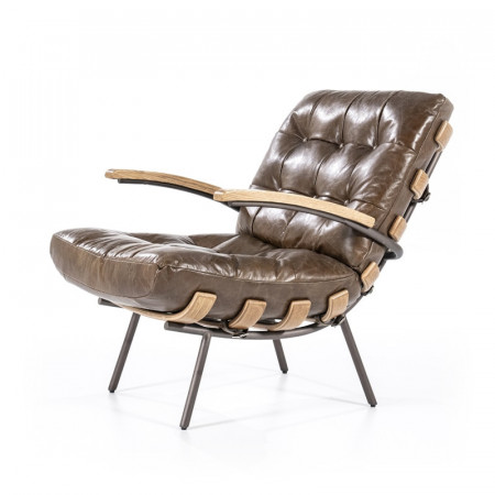 Fauteuil cuir marron vintage structure bois - Bastio 