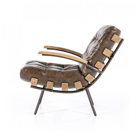 Fauteuil cuir marron vintage structure bois - Bastio 