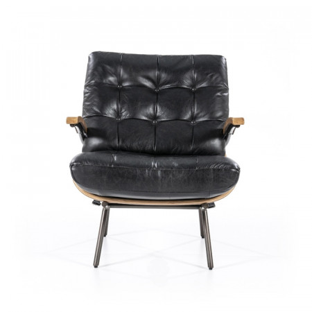 Fauteuil vintage cuir noir structure bois - Bastio 