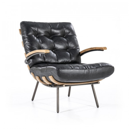 Fauteuil vintage cuir noir structure bois - Bastio 