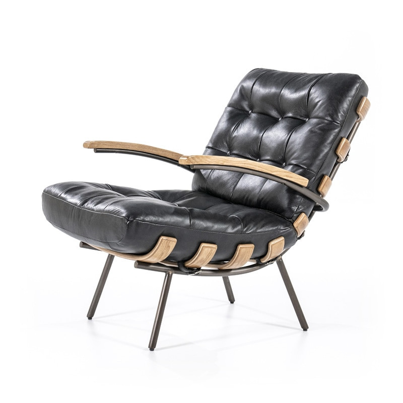 Fauteuil vintage cuir noir structure bois - Bastio 