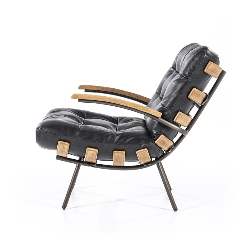 Fauteuil vintage cuir noir structure bois - Bastio 