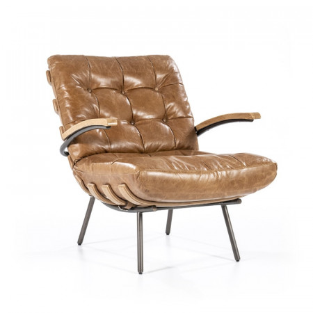 Fauteuil vintage cuir marron cognac structure bois - Bastio 