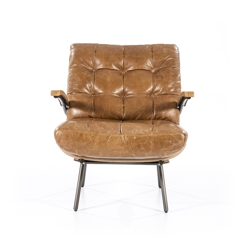 Fauteuil vintage cuir marron cognac structure bois - Bastio 