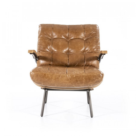 Fauteuil vintage cuir marron cognac structure bois - Bastio 