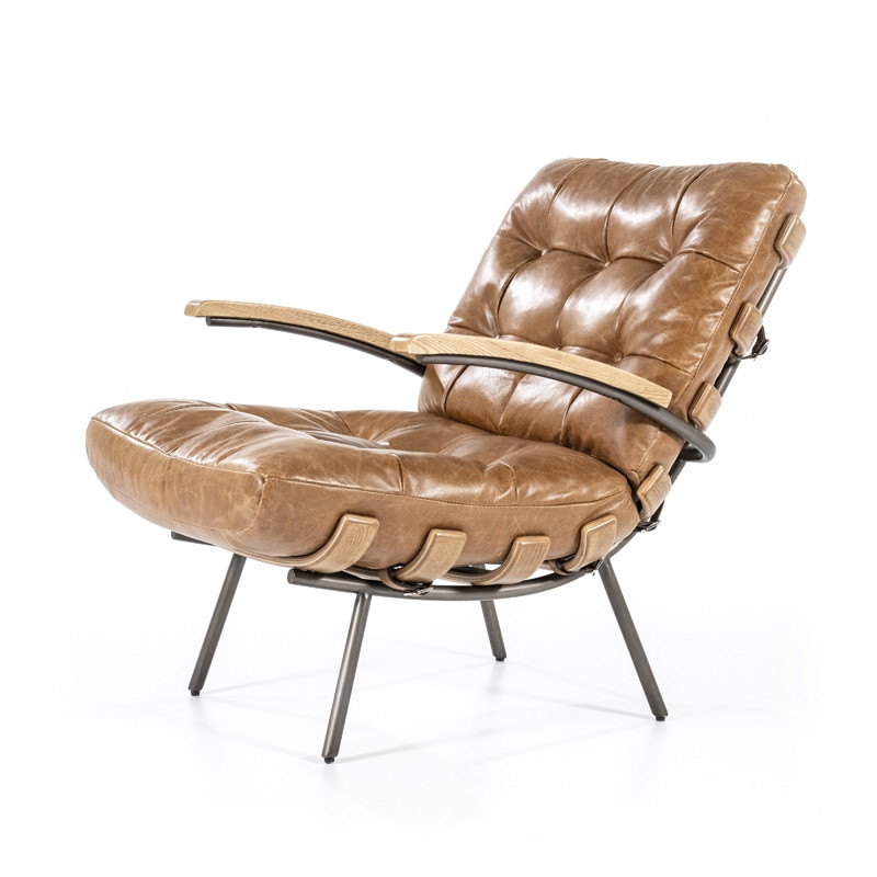 Fauteuil vintage cuir marron cognac structure bois - Bastio 