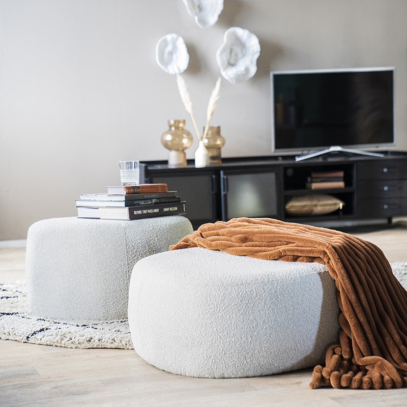 Pouf blanc/beige design en tissu bouclé - Lio 