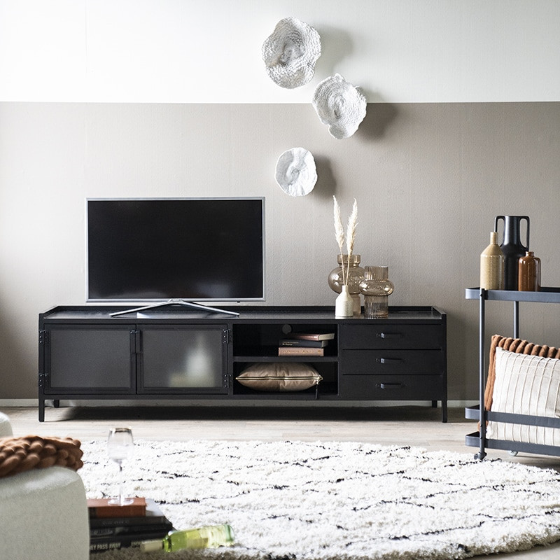 Grande meuble TV métal noir 200cm, 2 portes, 3 tiroirs et 2 niches - Mia 