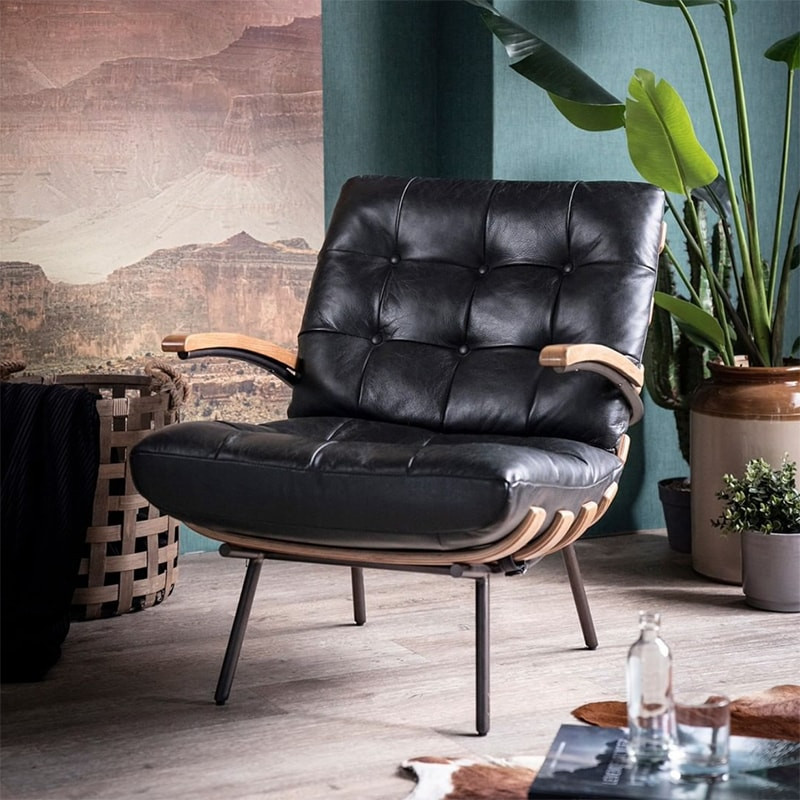 Fauteuil vintage cuir noir structure bois - Bastio