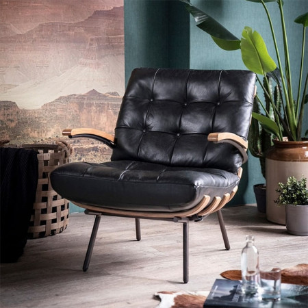 Fauteuil vintage cuir noir structure bois - Bastio