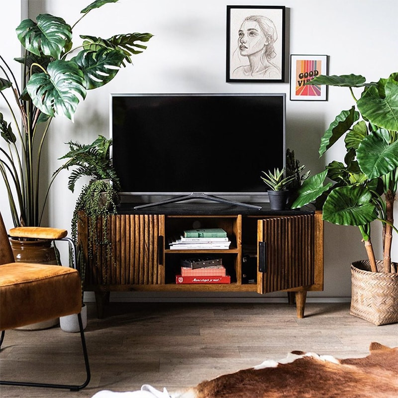 Meuble TV bois foncé et marbre noir vintage - Fani