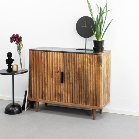 Meuble d'entrée bois vintage et marbre noir - Fani