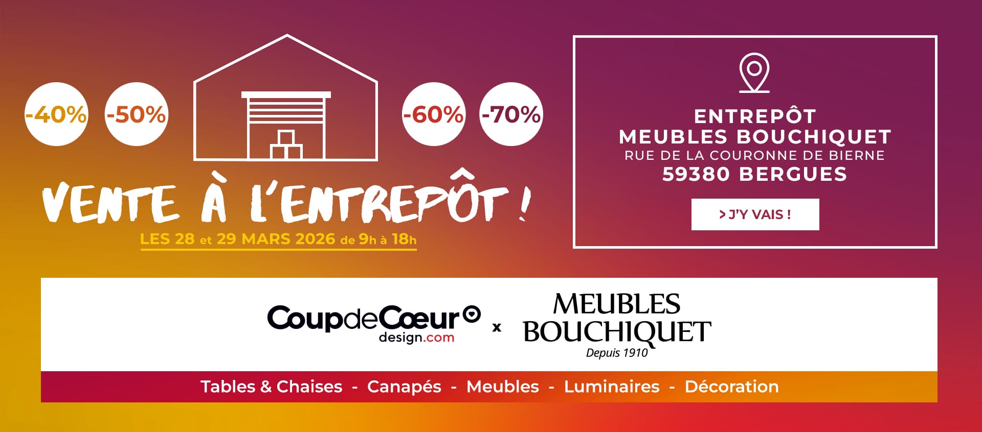 Vente à l'entrepôt - 28 et 29 mars 2026